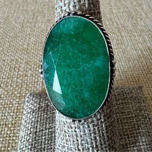 New Enhanced Faceted Emerald Silver Overlay Ring Size 6.75